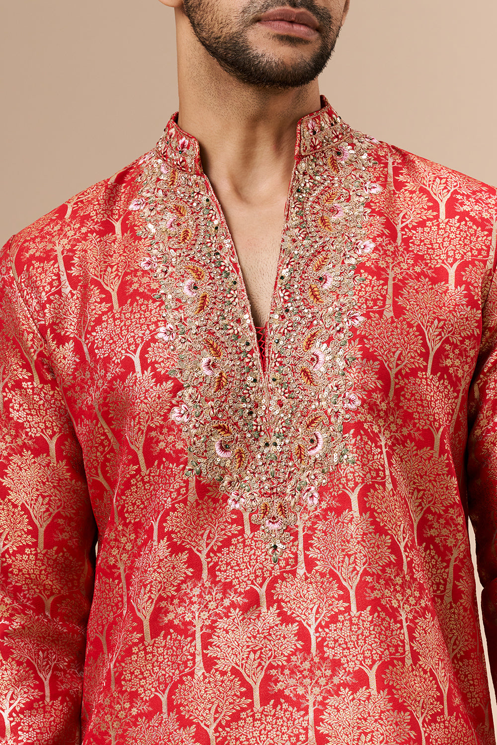 Red Brocade Silk Mens Kurta Set with Zari and Sequin Work