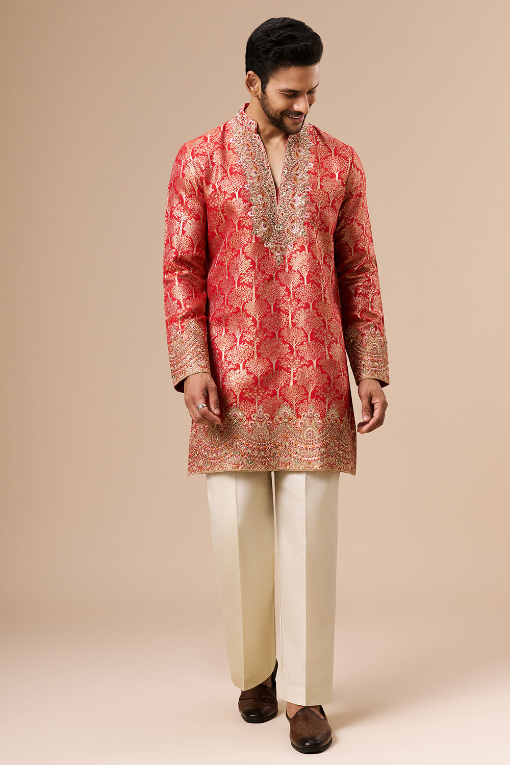 Red Brocade Silk Mens Kurta Set with Zari and Sequin Work