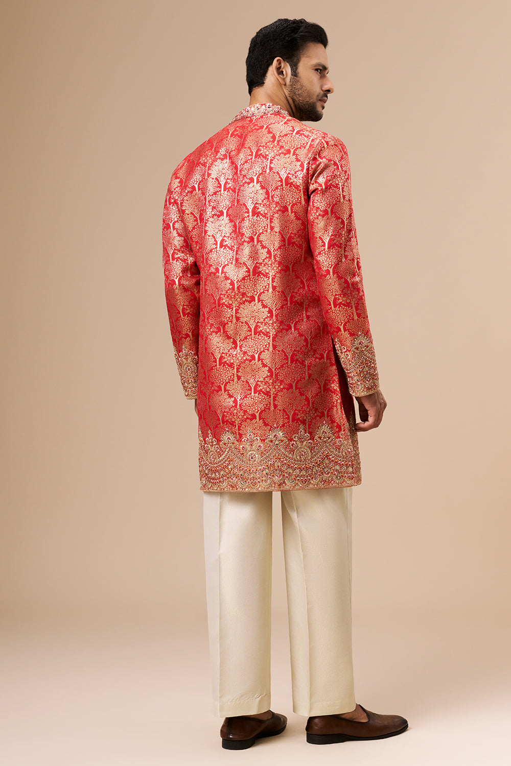Red Brocade Silk Mens Kurta Set with Zari and Sequin Work