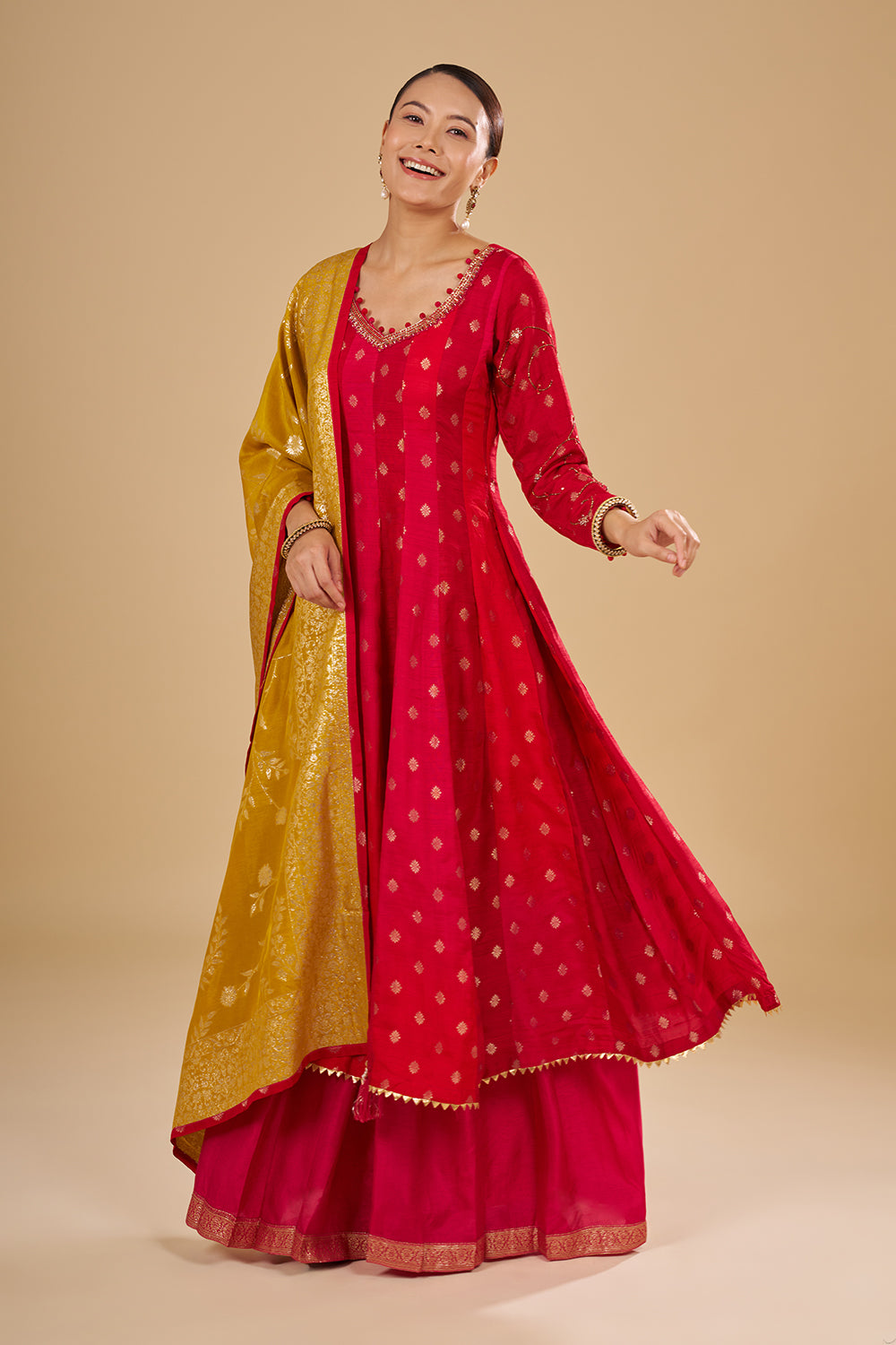 Red Buti Banarasi Anarkali Set with Resham, Zardozi and Sequins Hand Embroidery