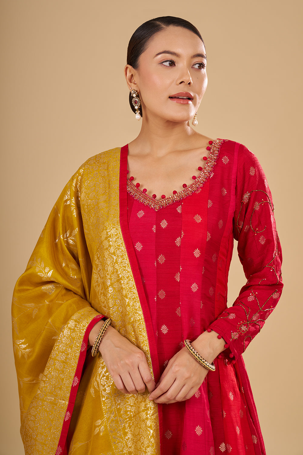 Red Buti Banarasi Anarkali Set with Resham, Zardozi and Sequins Hand Embroidery