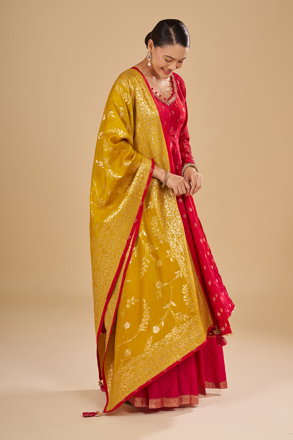 Red Buti Banarasi Anarkali Set with Resham, Zardozi and Sequins Hand Embroidery