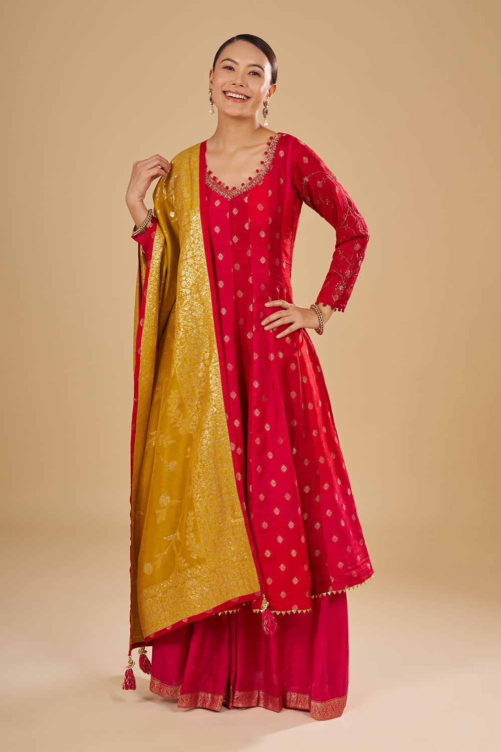 Red Buti Banarasi Anarkali Set with Resham, Zardozi and Sequins Hand Embroidery