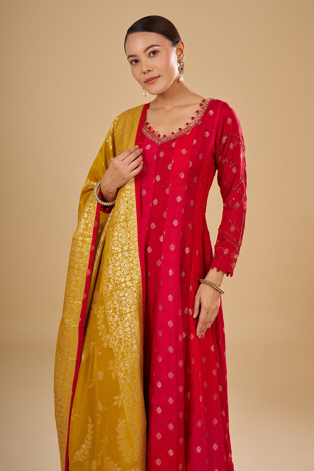 Red Buti Banarasi Anarkali Set with Resham, Zardozi and Sequins Hand Embroidery