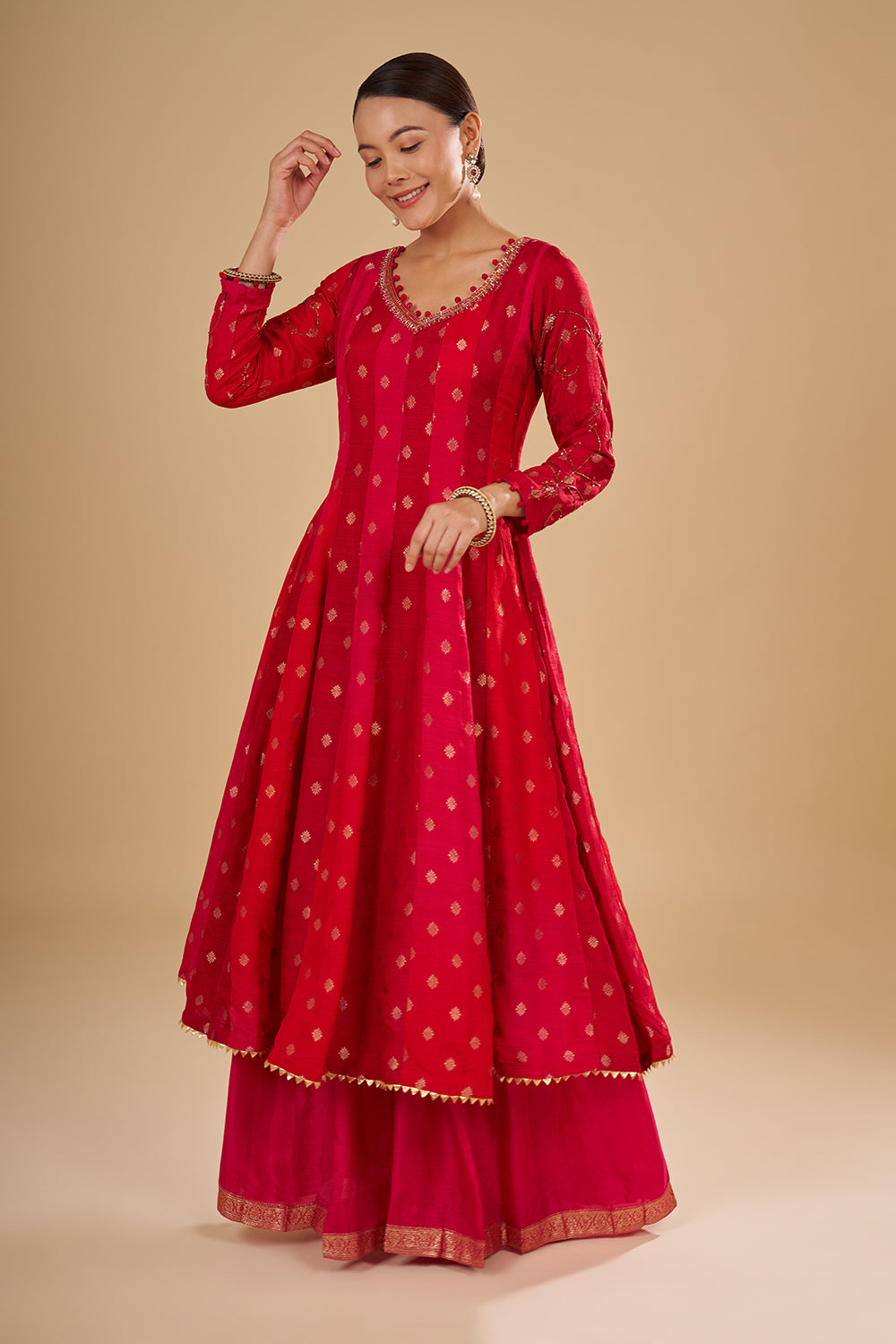 Red Buti Banarasi Anarkali Set with Resham, Zardozi and Sequins Hand Embroidery
