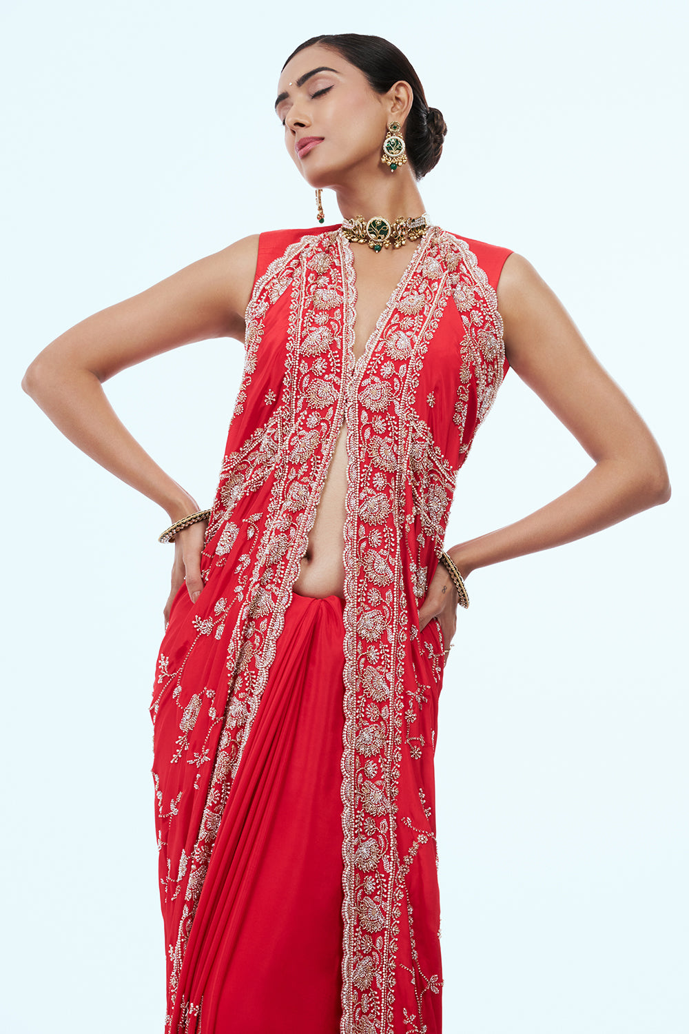 Red Crepe Silk Saree with Cutdana Work
