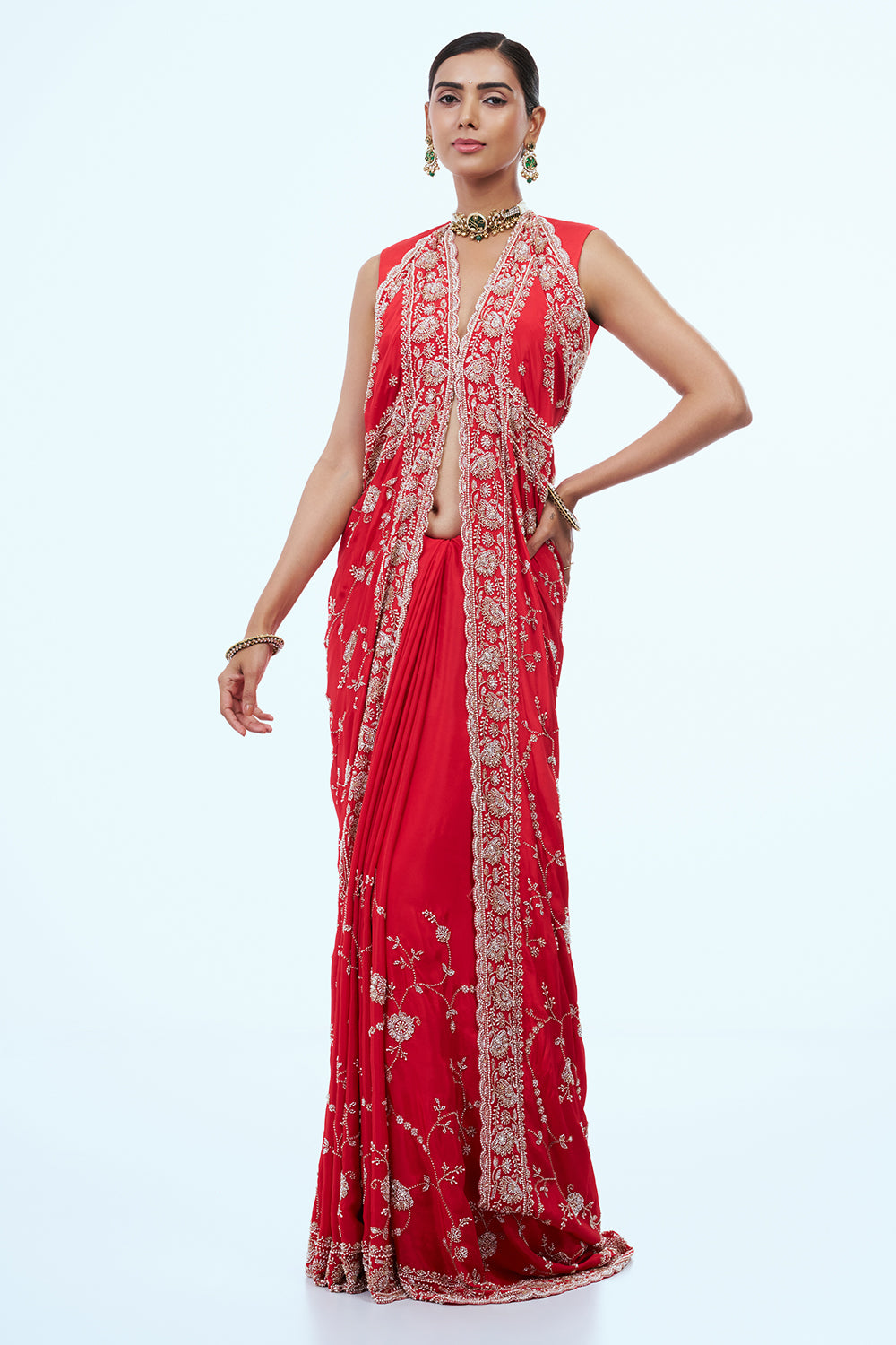 Red Crepe Silk Saree with Cutdana Work