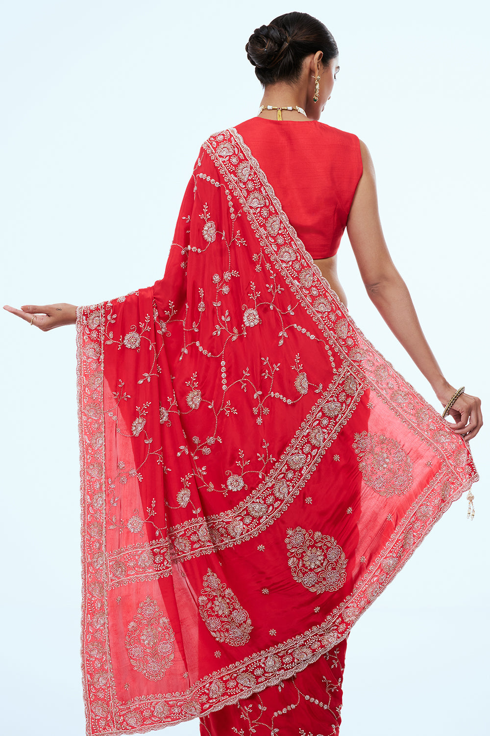 Red Crepe Silk Saree with Cutdana Work