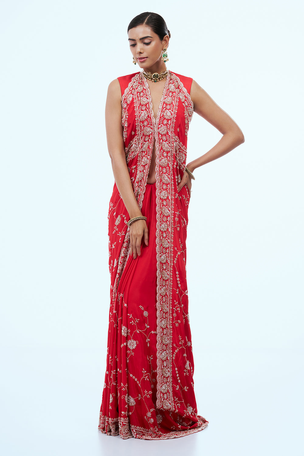 Red Crepe Silk Saree with Cutdana Work