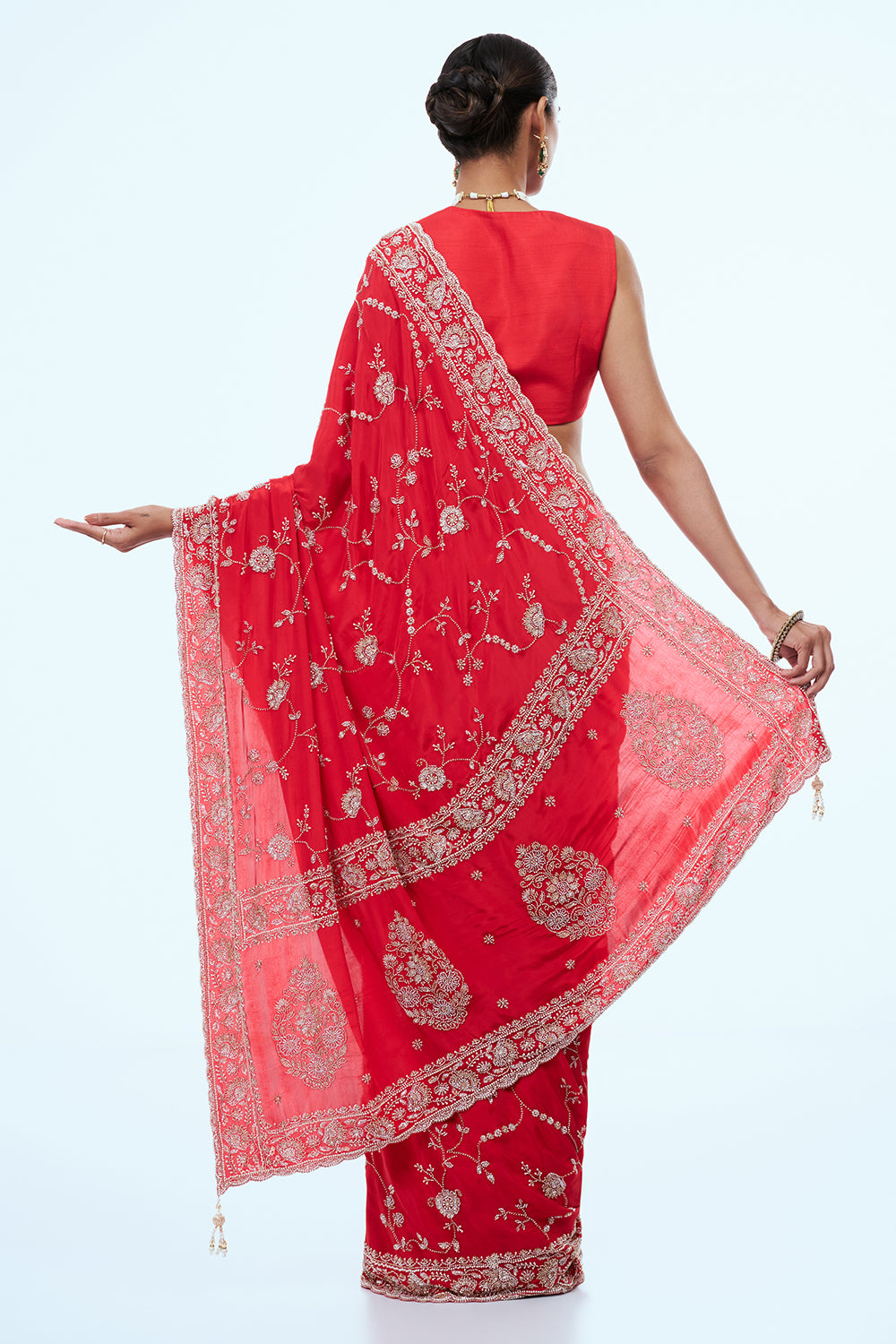 Red Crepe Silk Saree with Cutdana Work