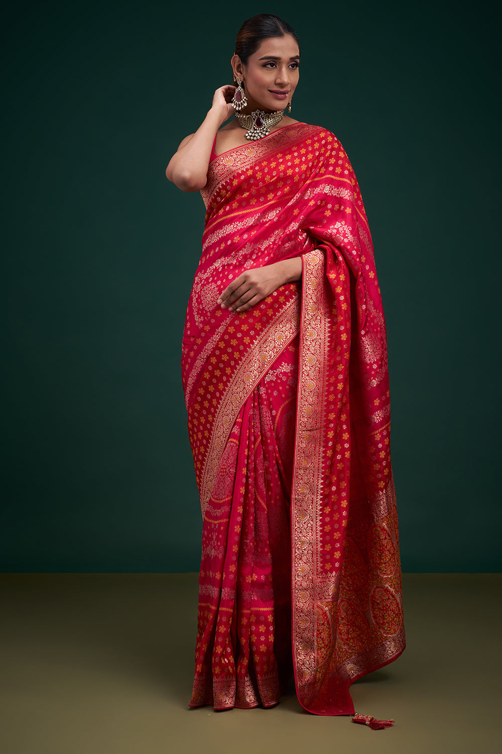 Red Dola Silk Leheriya Print Saree with Unstitched Blouse