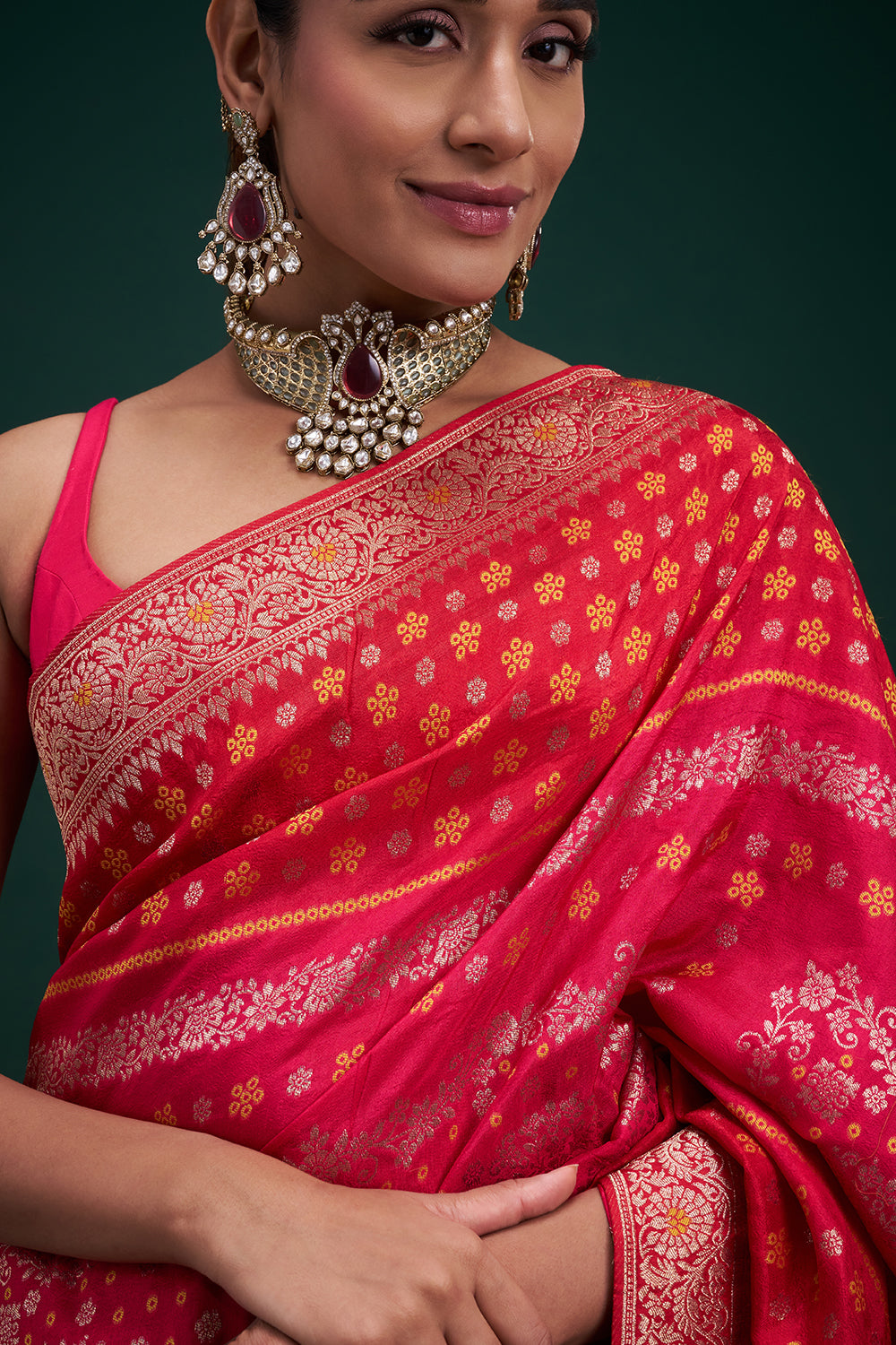 Red Dola Silk Leheriya Print Saree with Unstitched Blouse