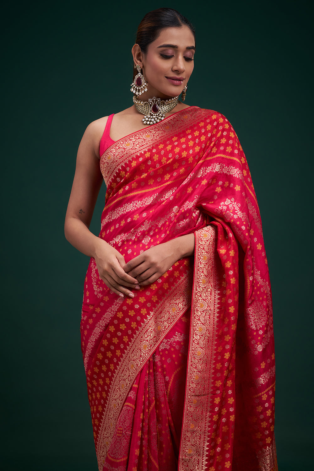 Red Dola Silk Leheriya Print Saree with Unstitched Blouse