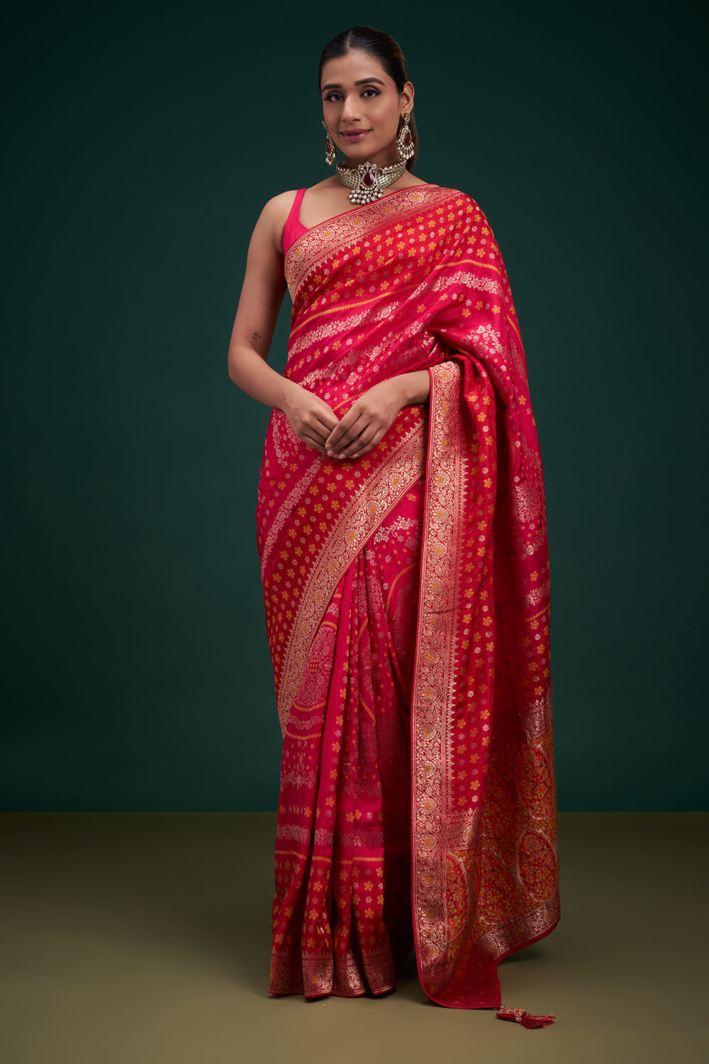 Red Dola Silk Leheriya Print Saree with Unstitched Blouse