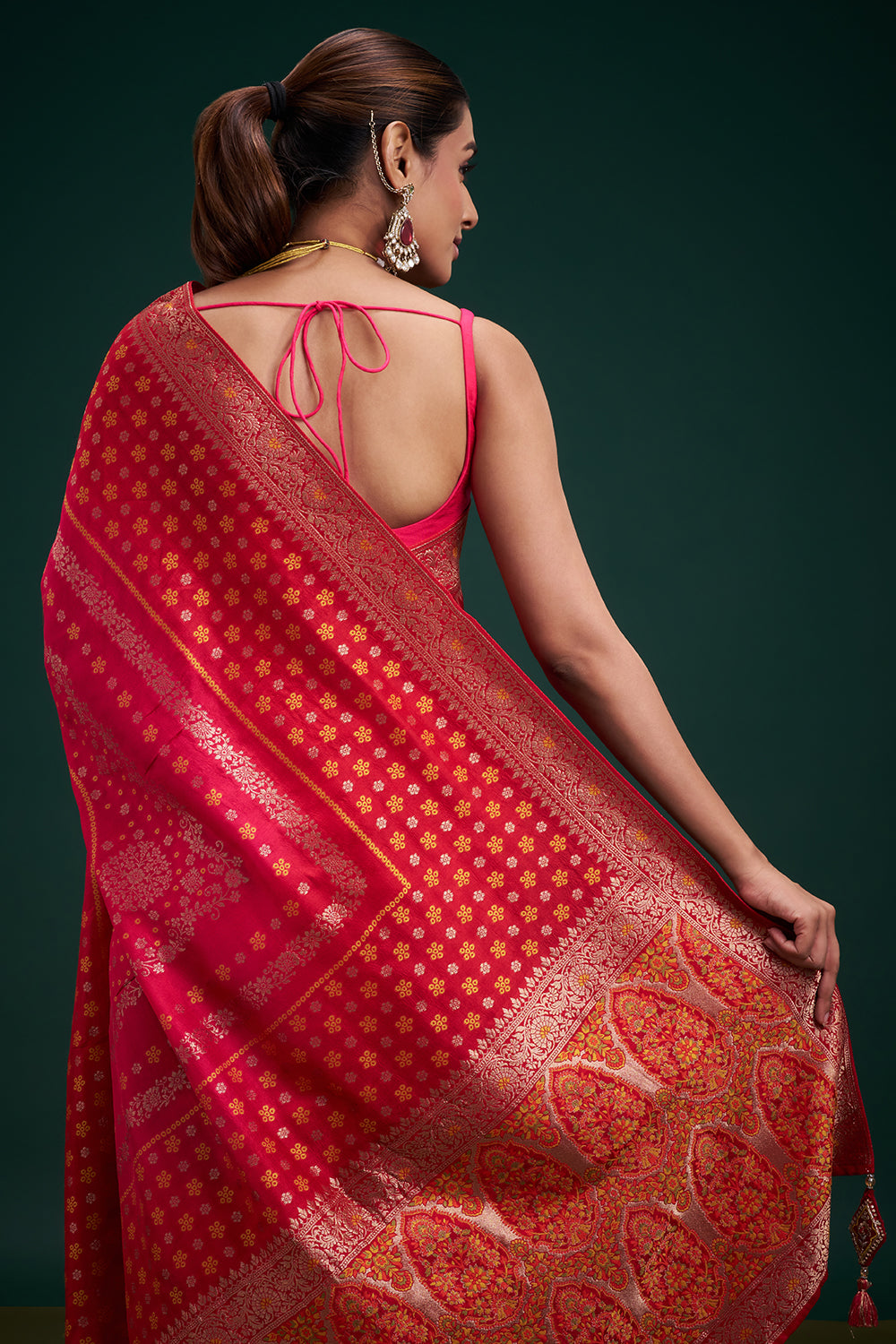 Red Dola Silk Leheriya Print Saree with Unstitched Blouse