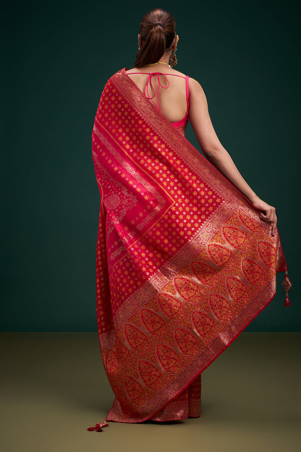Red Dola Silk Leheriya Print Saree with Unstitched Blouse