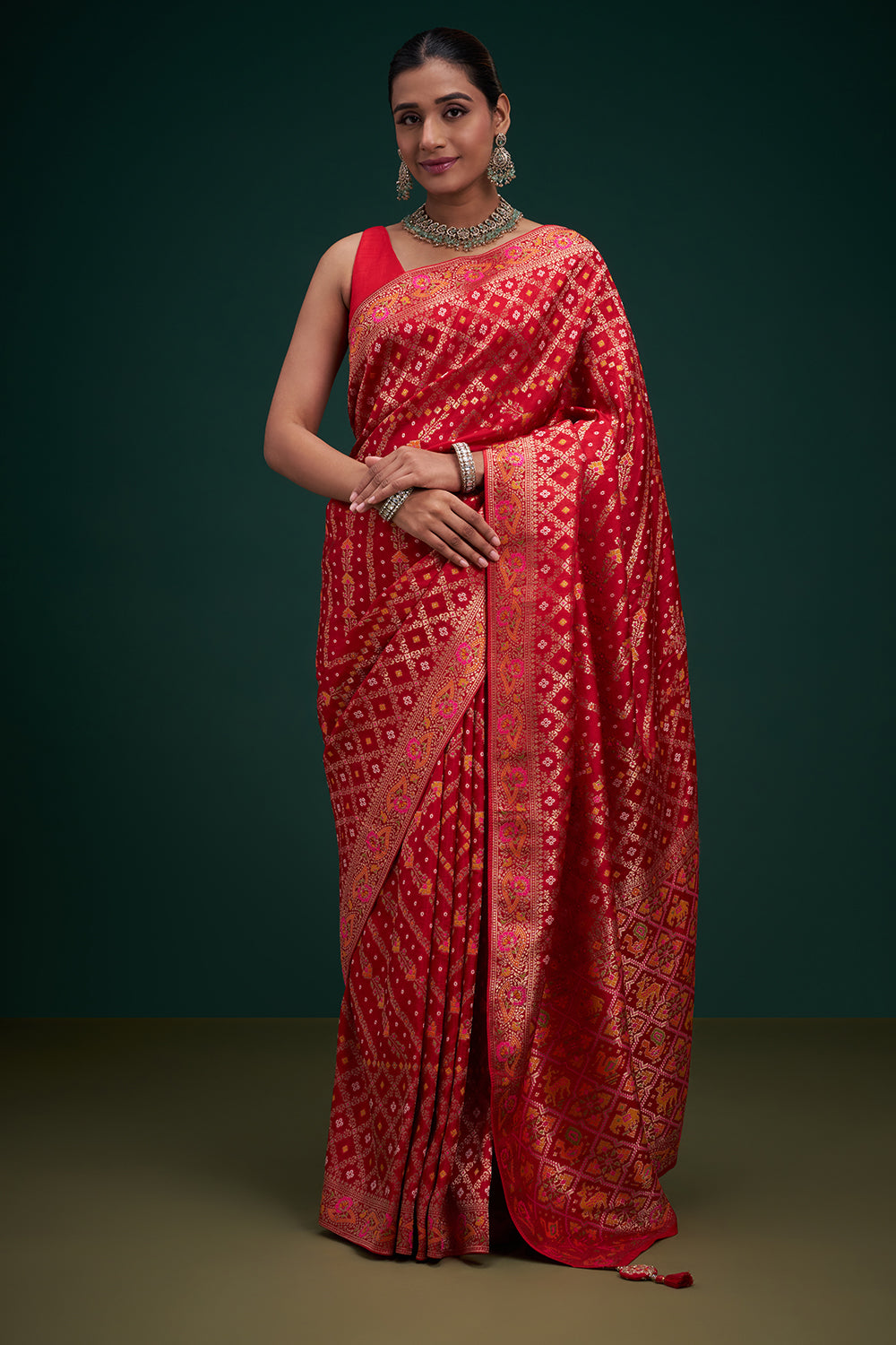 Red Dola Silk Patola Print Saree with Unstitched Blouse