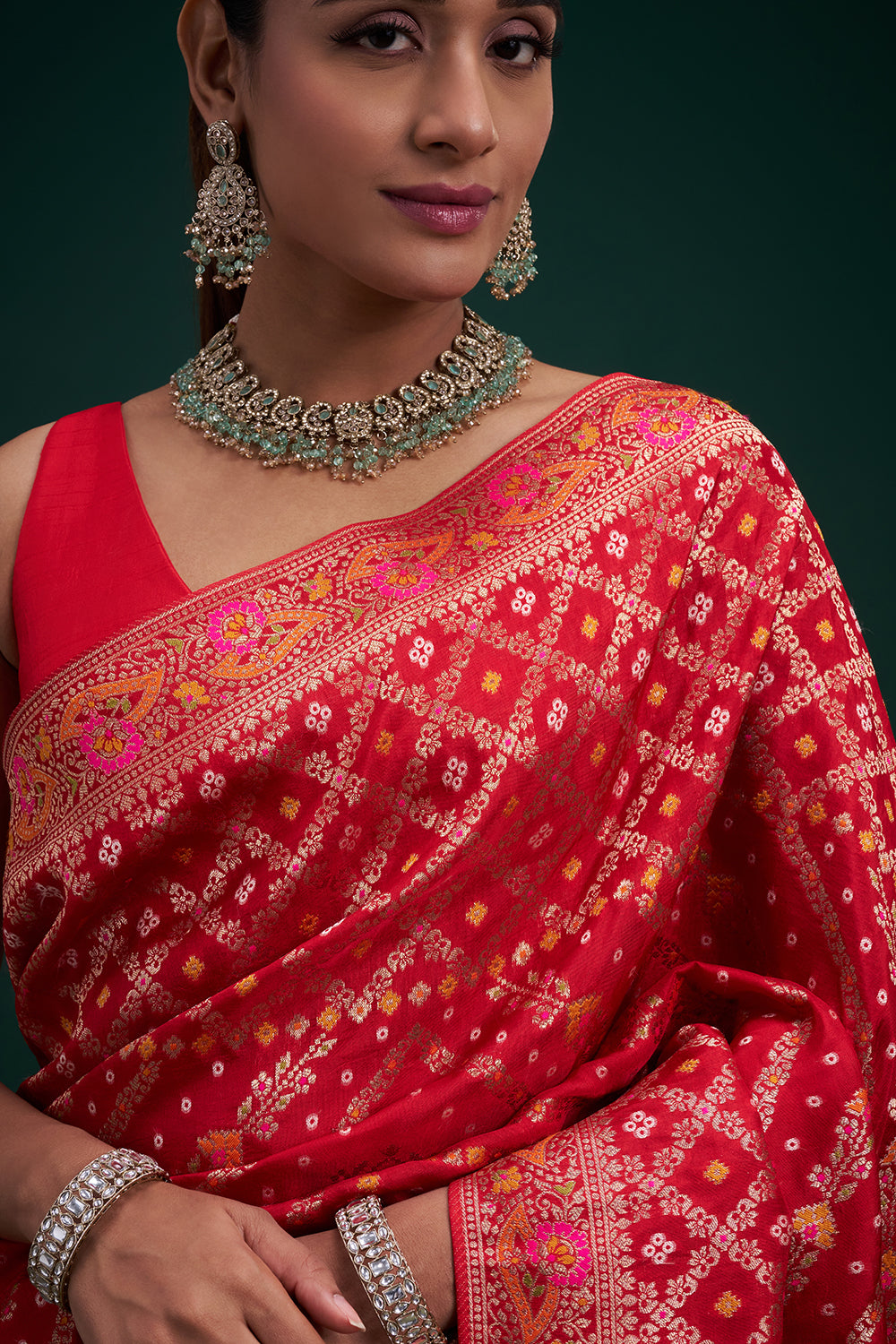 Red Dola Silk Patola Print Saree with Unstitched Blouse