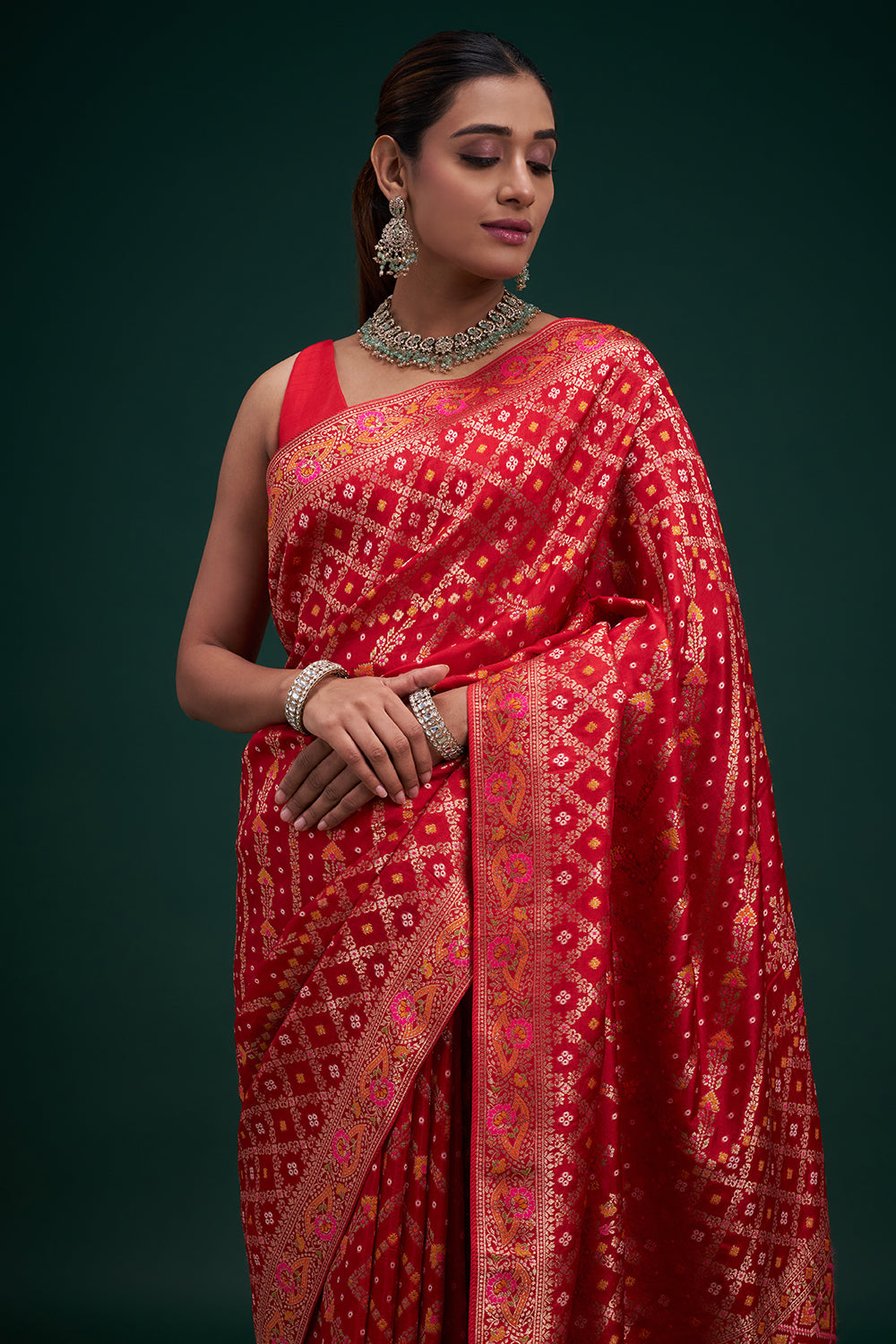 Red Dola Silk Patola Print Saree with Unstitched Blouse