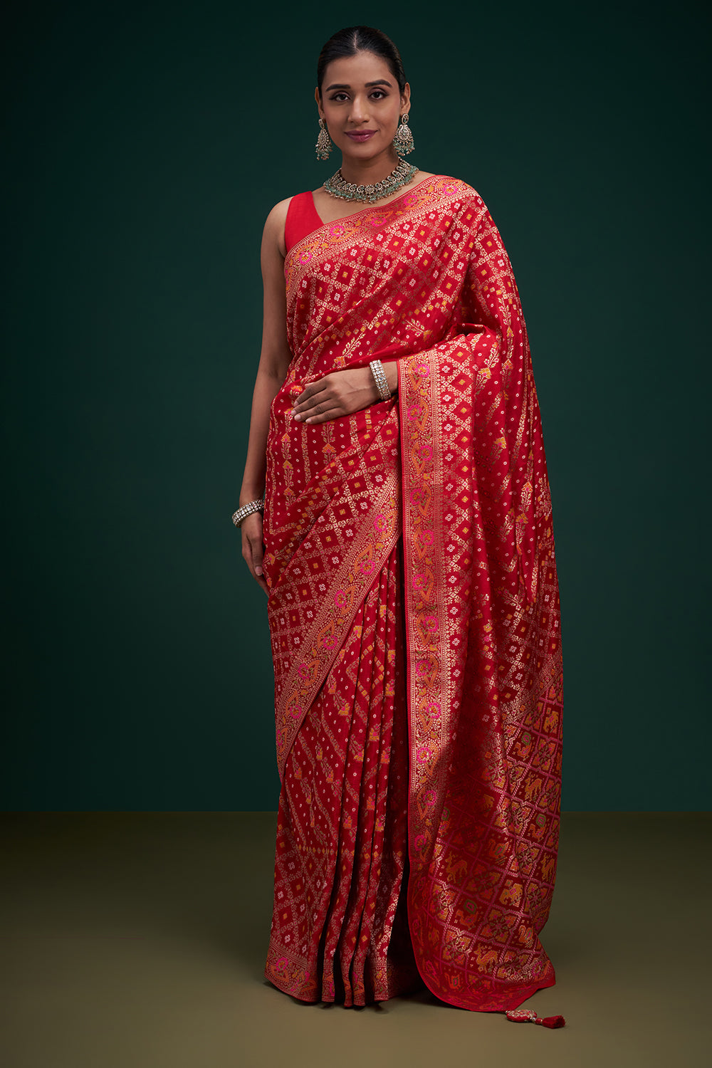 Red Dola Silk Patola Print Saree with Unstitched Blouse