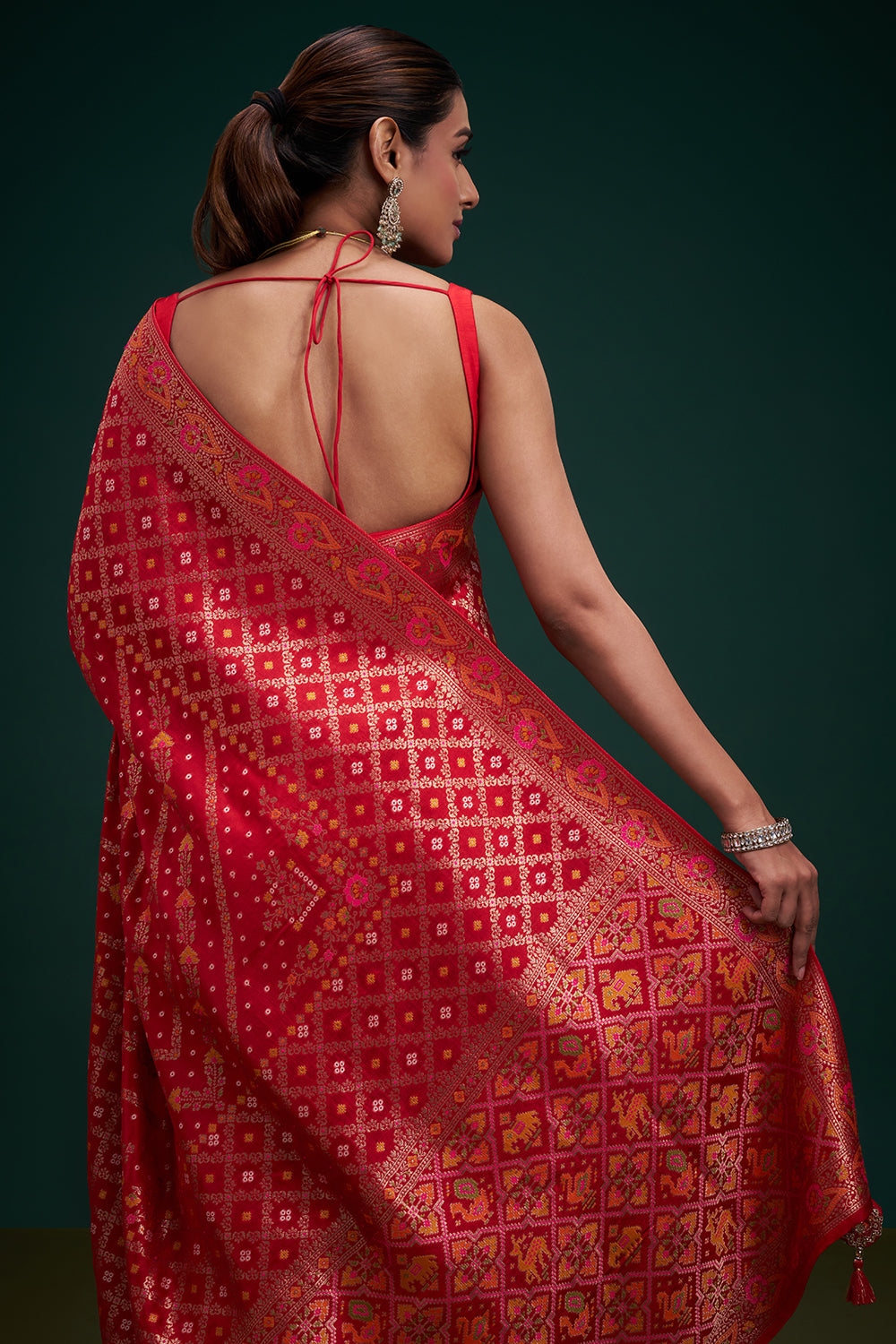 Red Dola Silk Patola Print Saree with Unstitched Blouse