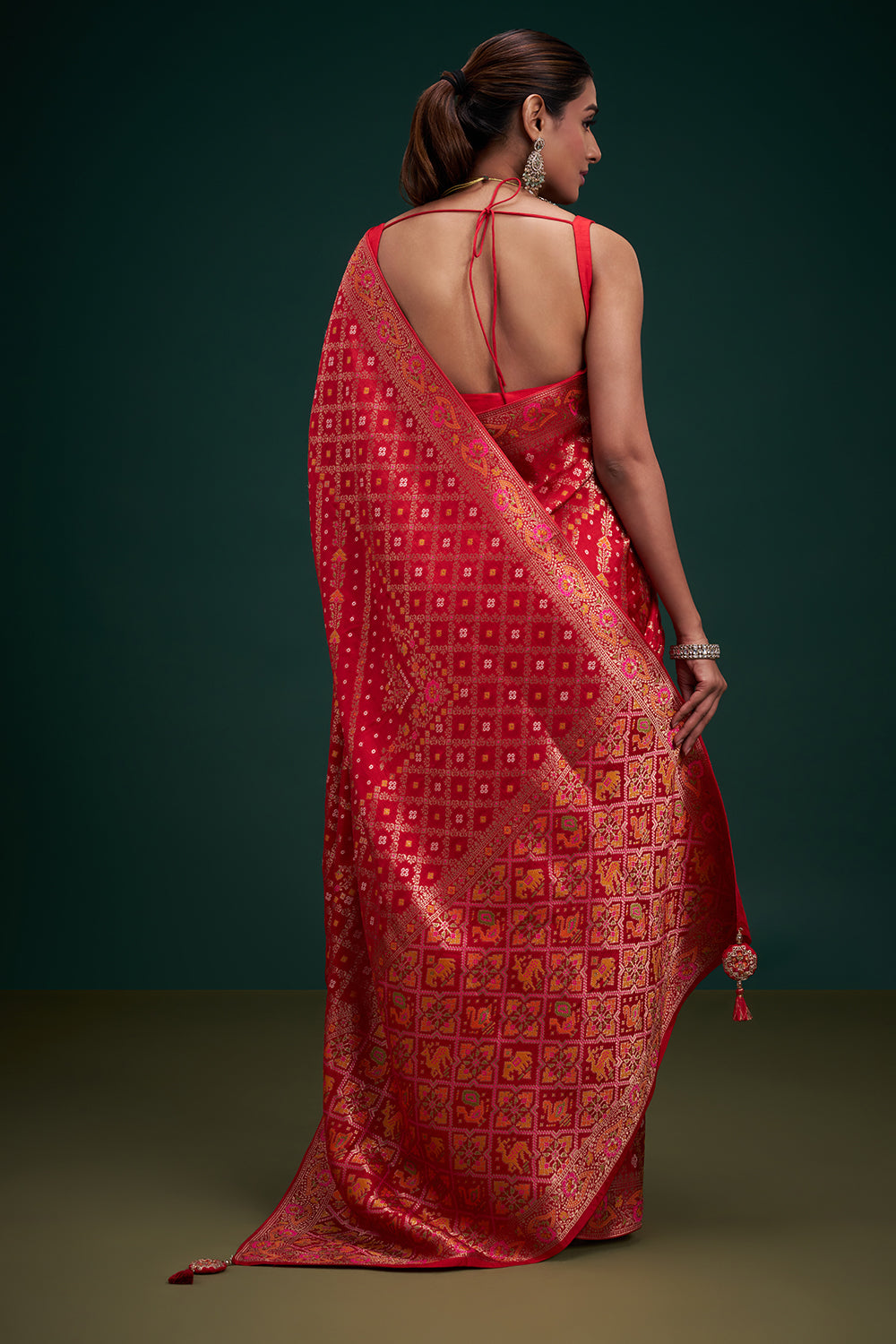 Red Dola Silk Patola Print Saree with Unstitched Blouse