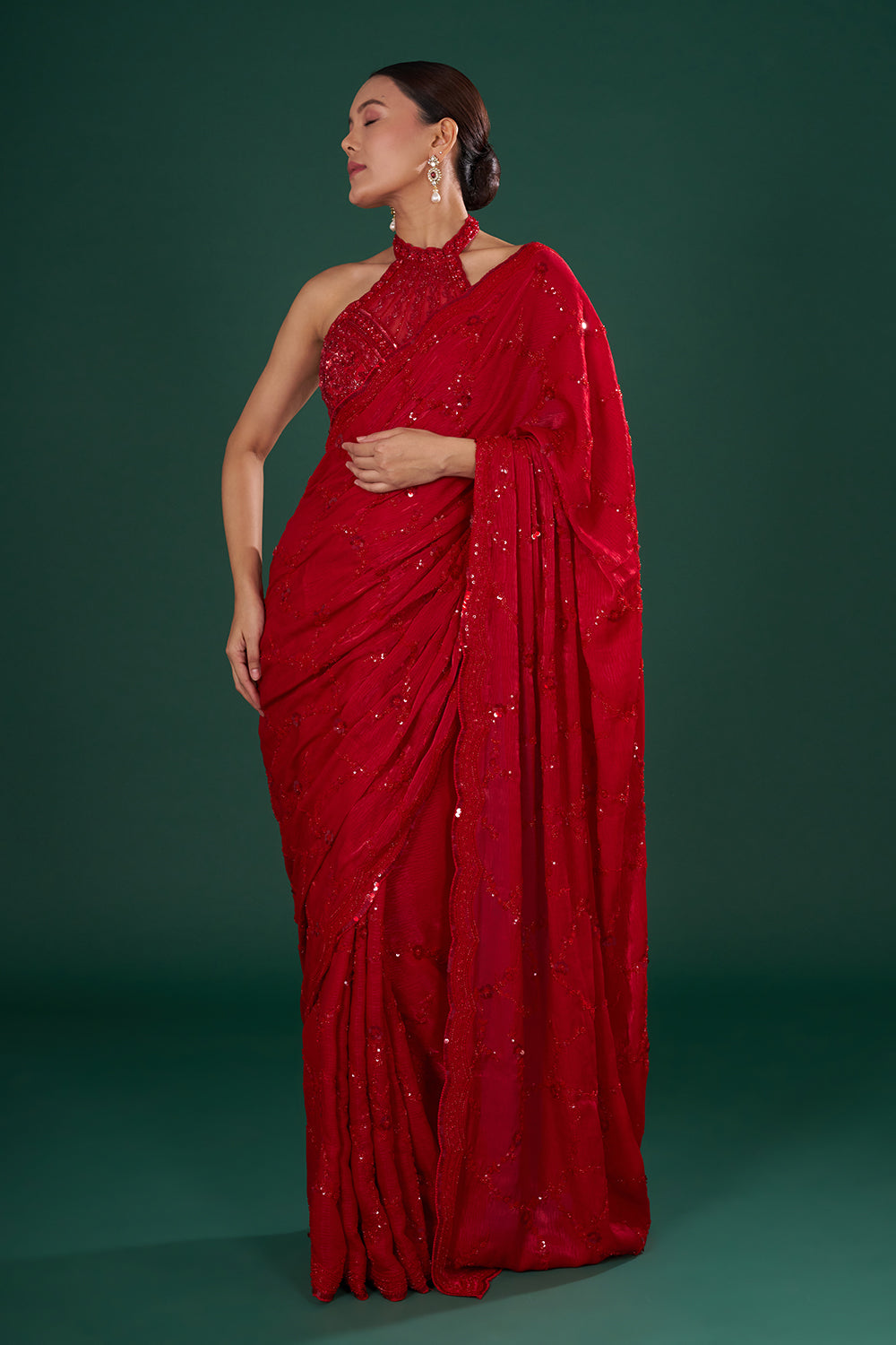 Red Crush Jimmy Choo Saree with Sequin Hand Embroidery