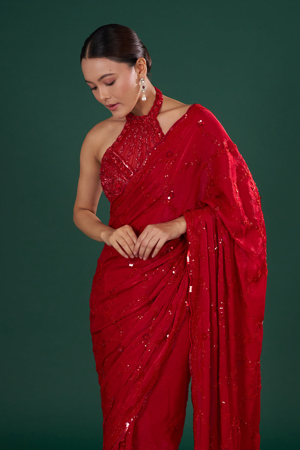 Red Crush Jimmy Choo Saree with Sequin Hand Embroidery