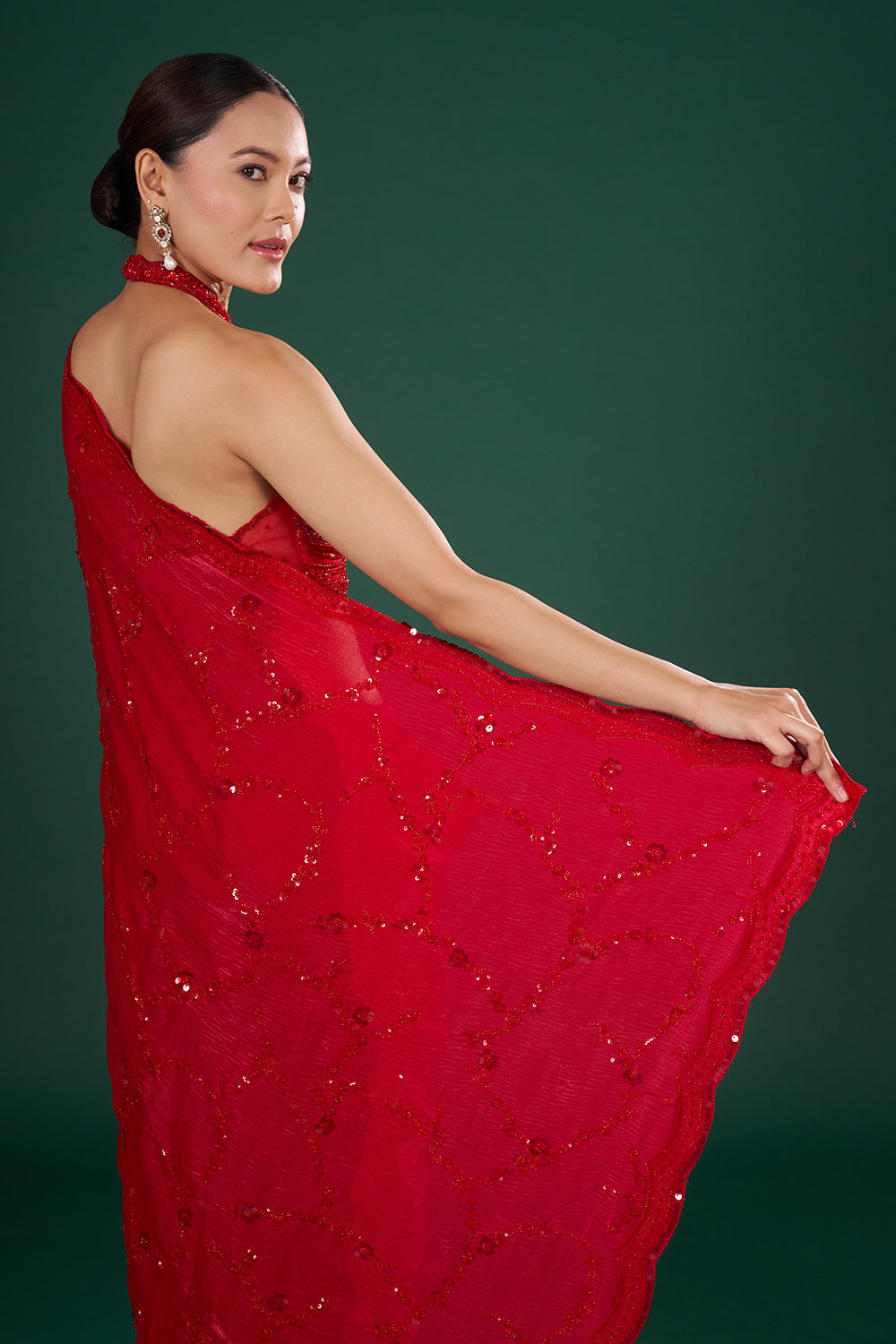 Red Crush Jimmy Choo Saree with Sequin Hand Embroidery