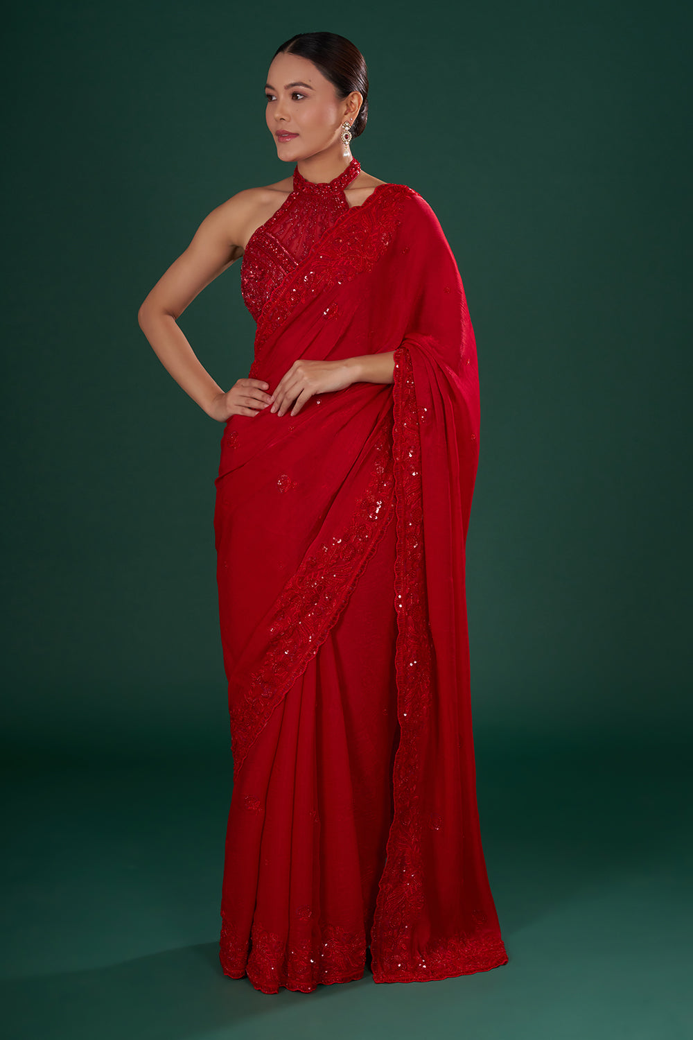 Red Embroidered Jimmy Choo Shimmer Saree with Sequin, Pearl & Resham Hand Work
