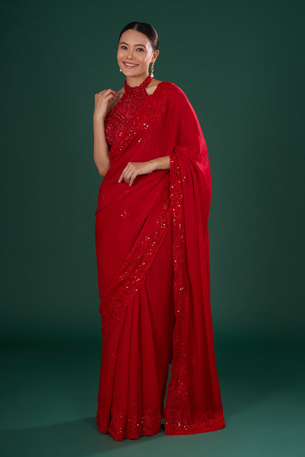 Red Embroidered Jimmy Choo Shimmer Saree with Sequin, Pearl & Resham Hand Work