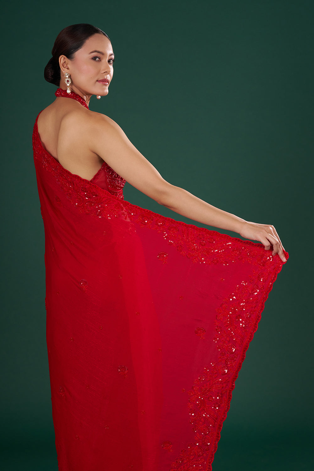 Red Embroidered Jimmy Choo Shimmer Saree with Sequin, Pearl & Resham Hand Work