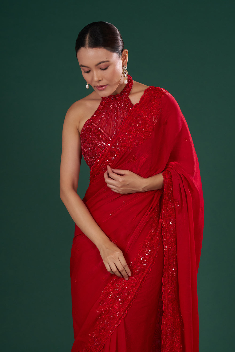 Red Embroidered Jimmy Choo Shimmer Saree with Sequin, Pearl & Resham Hand Work