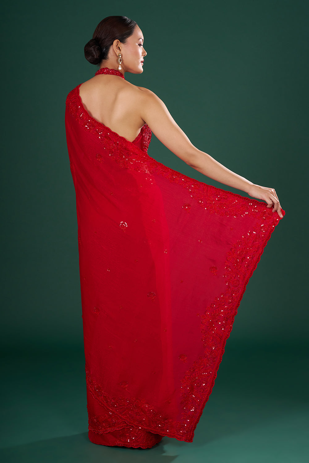 Red Embroidered Jimmy Choo Shimmer Saree with Sequin, Pearl & Resham Hand Work