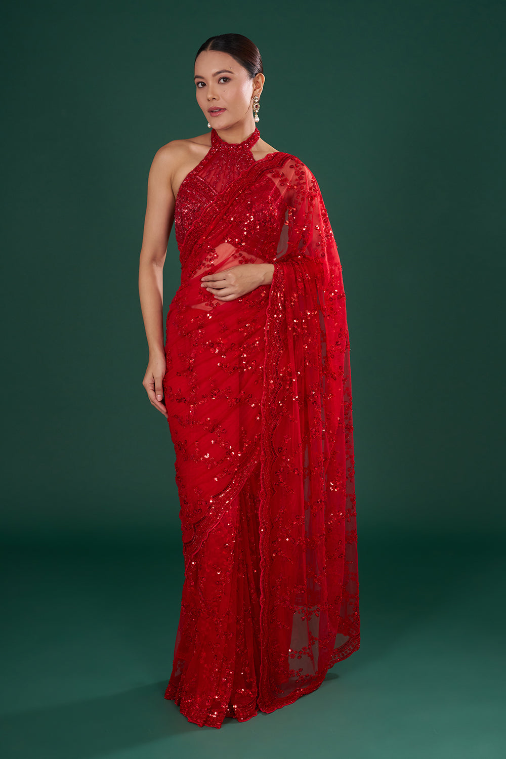Red Embroidered Net Saree with Sequin & Pearl Hand Work