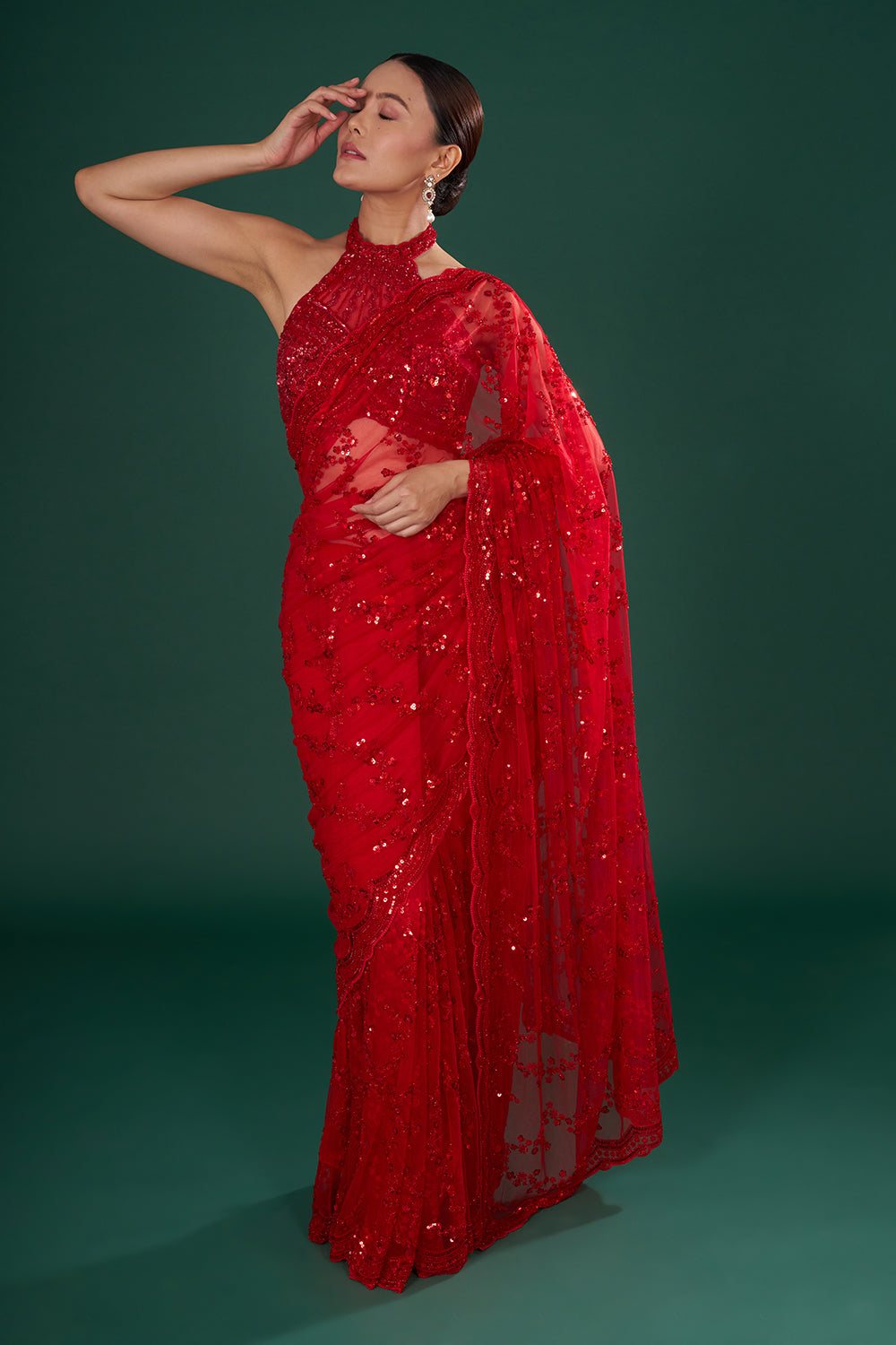 Red Embroidered Net Saree with Sequin & Pearl Hand Work