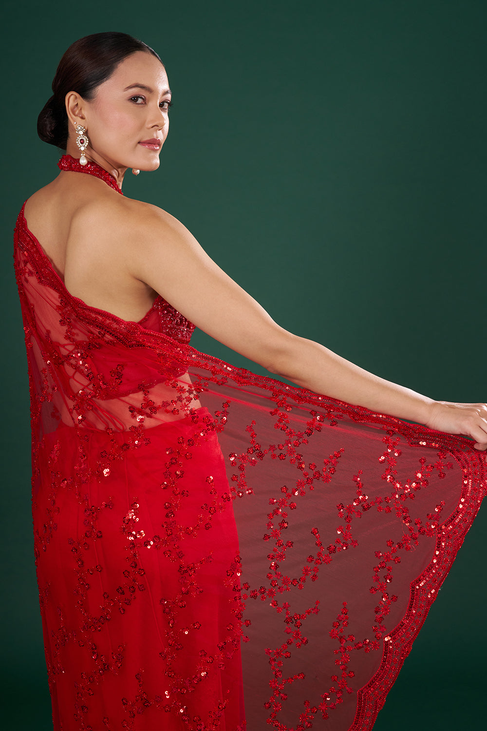 Red Embroidered Net Saree with Sequin & Pearl Hand Work