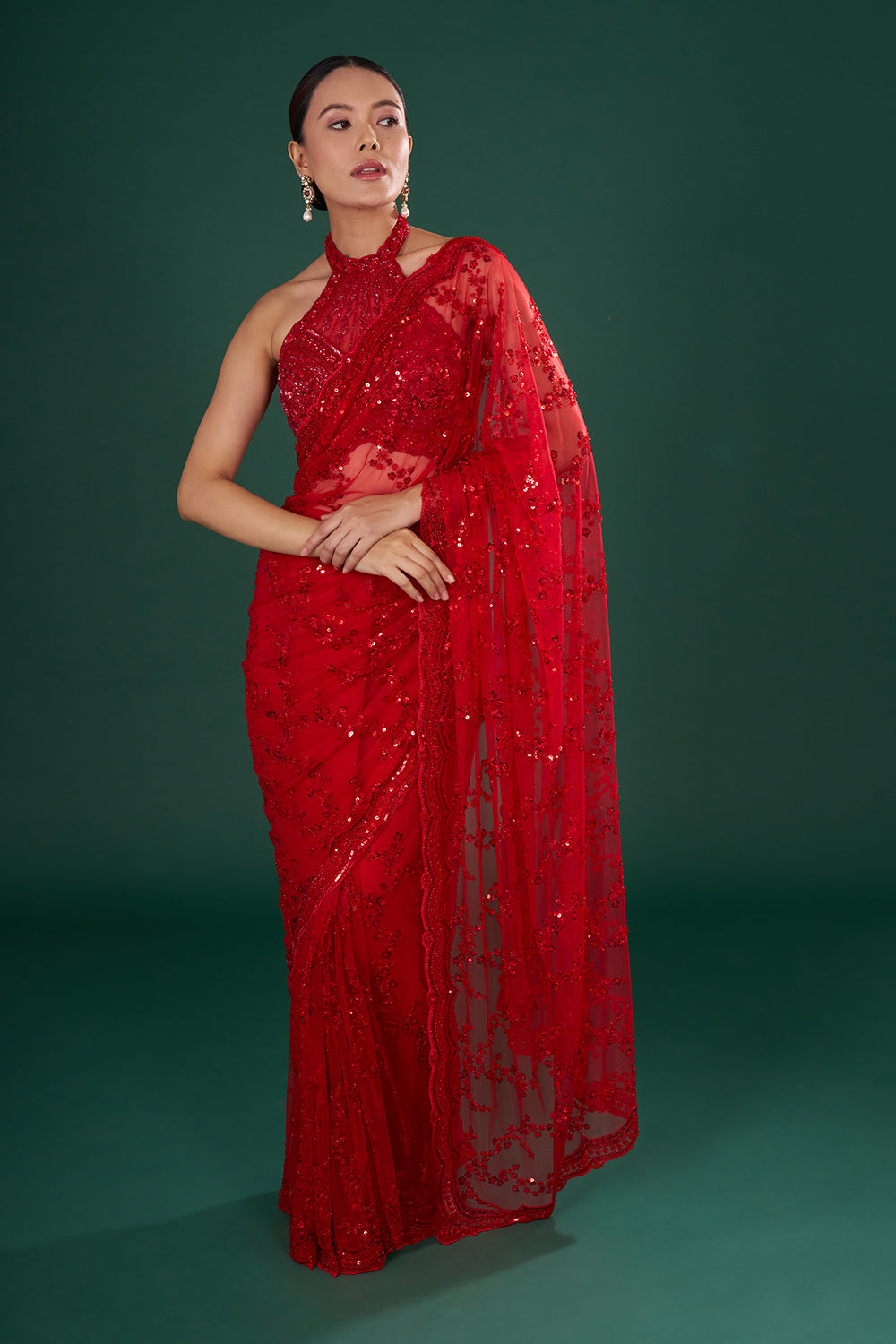 Red Embroidered Net Saree with Sequin & Pearl Hand Work