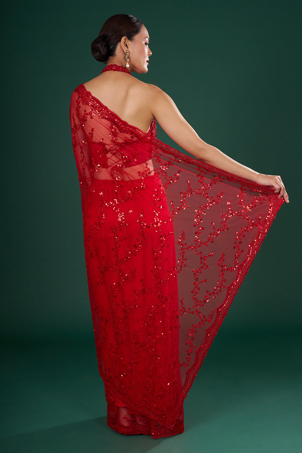 Red Embroidered Net Saree with Sequin & Pearl Hand Work