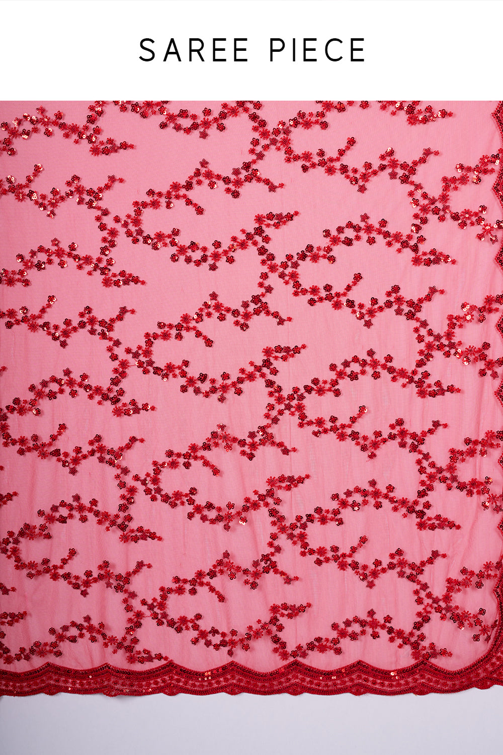 Red Embroidered Net Saree with Sequin & Pearl Hand Work