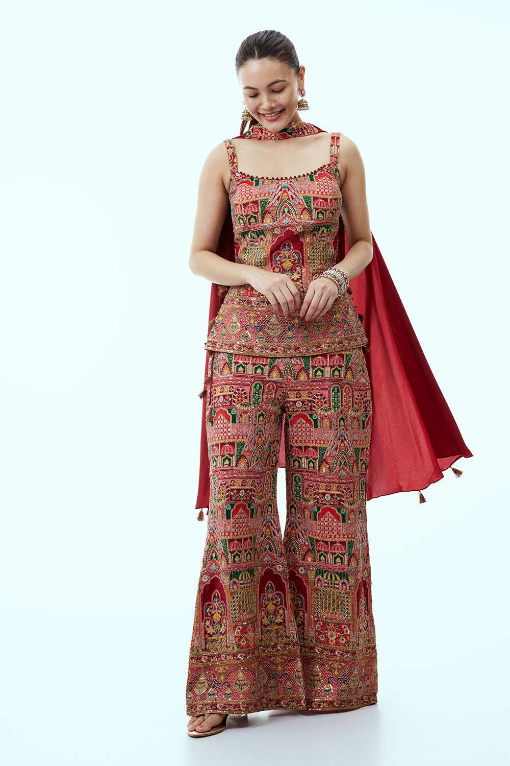 Red Crepe Silk Palazzo Set with Mughal-Inspired Motifs