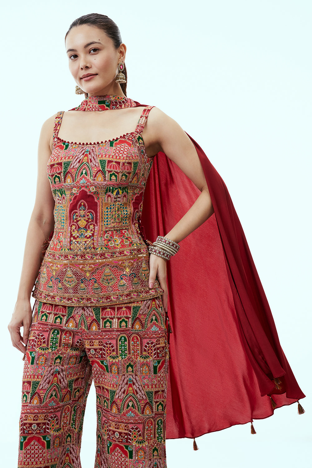Red Crepe Silk Palazzo Set with Mughal-Inspired Motifs