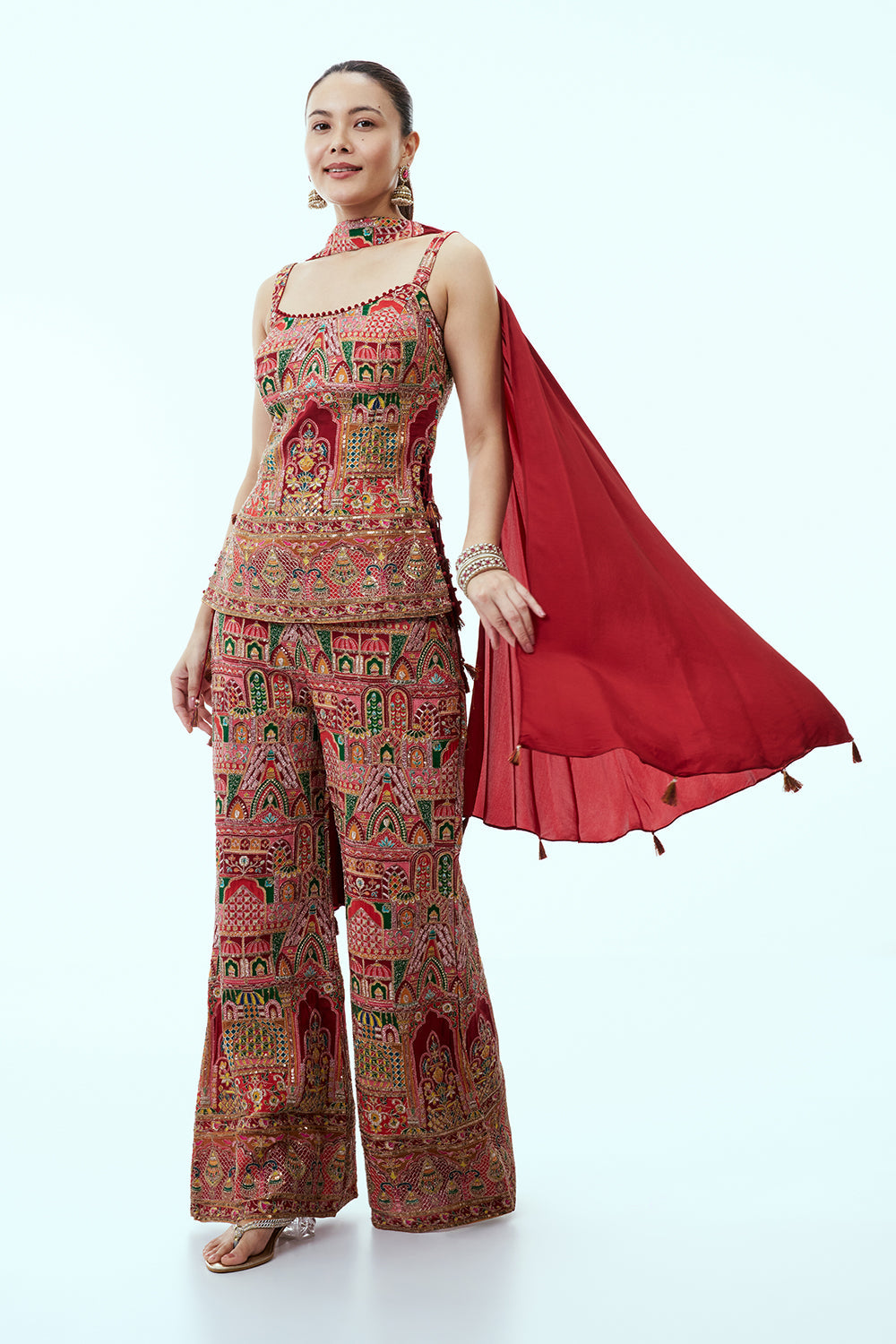 Red Crepe Silk Palazzo Set with Mughal-Inspired Motifs