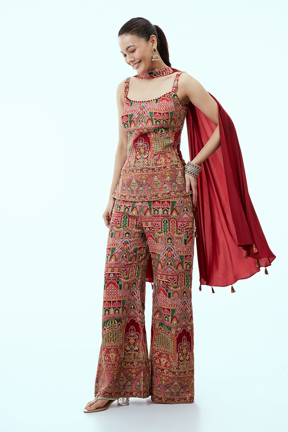 Red Crepe Silk Palazzo Set with Mughal-Inspired Motifs