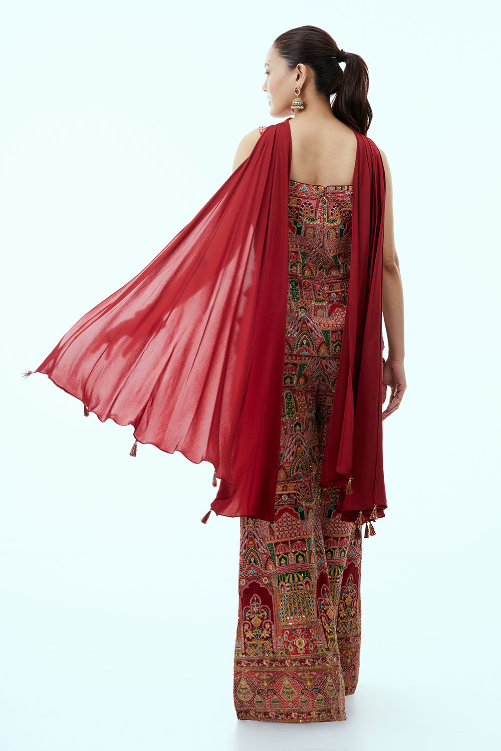 Red Crepe Silk Palazzo Set with Mughal-Inspired Motifs