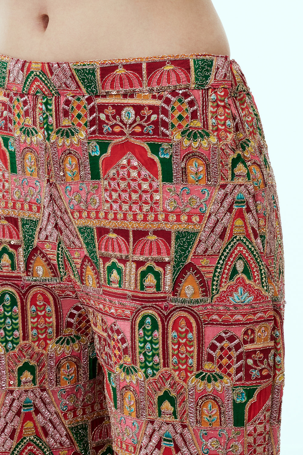 Red Crepe Silk Palazzo Set with Mughal-Inspired Motifs