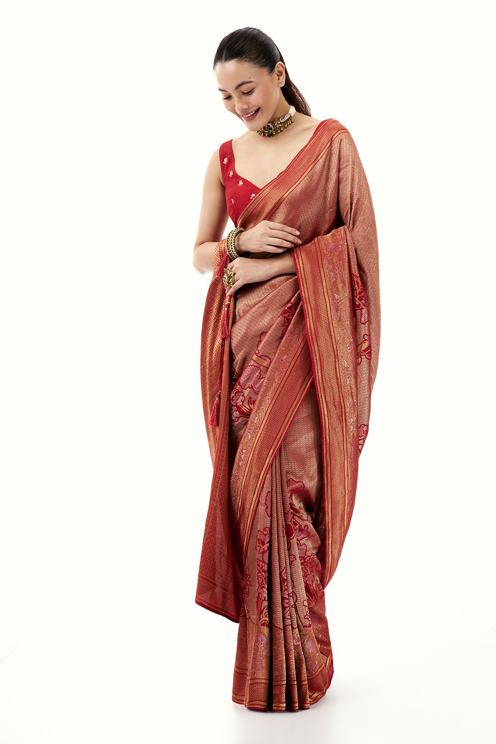Red Jacquard Silk Woven Saree with with Nature Inspired Motifs