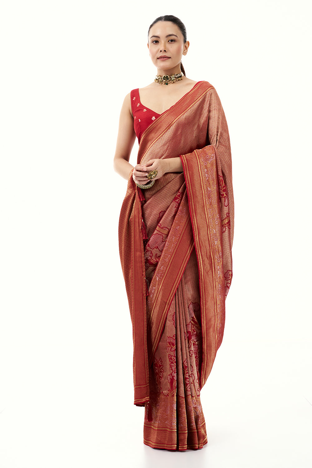 Red Jacquard Silk Woven Saree with with Nature Inspired Motifs