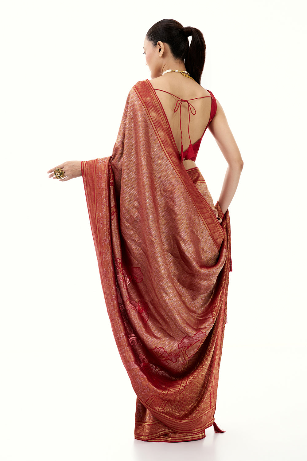Red Jacquard Silk Woven Saree with with Nature Inspired Motifs