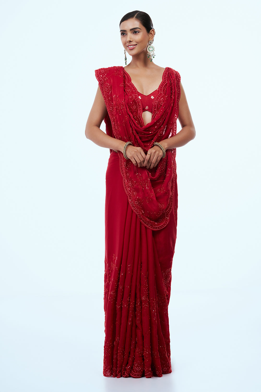 Red Jimmy Choo Saree with Thread Work